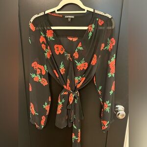 Express Black Blouse with Red Rose Floral Print, Long Sleeve